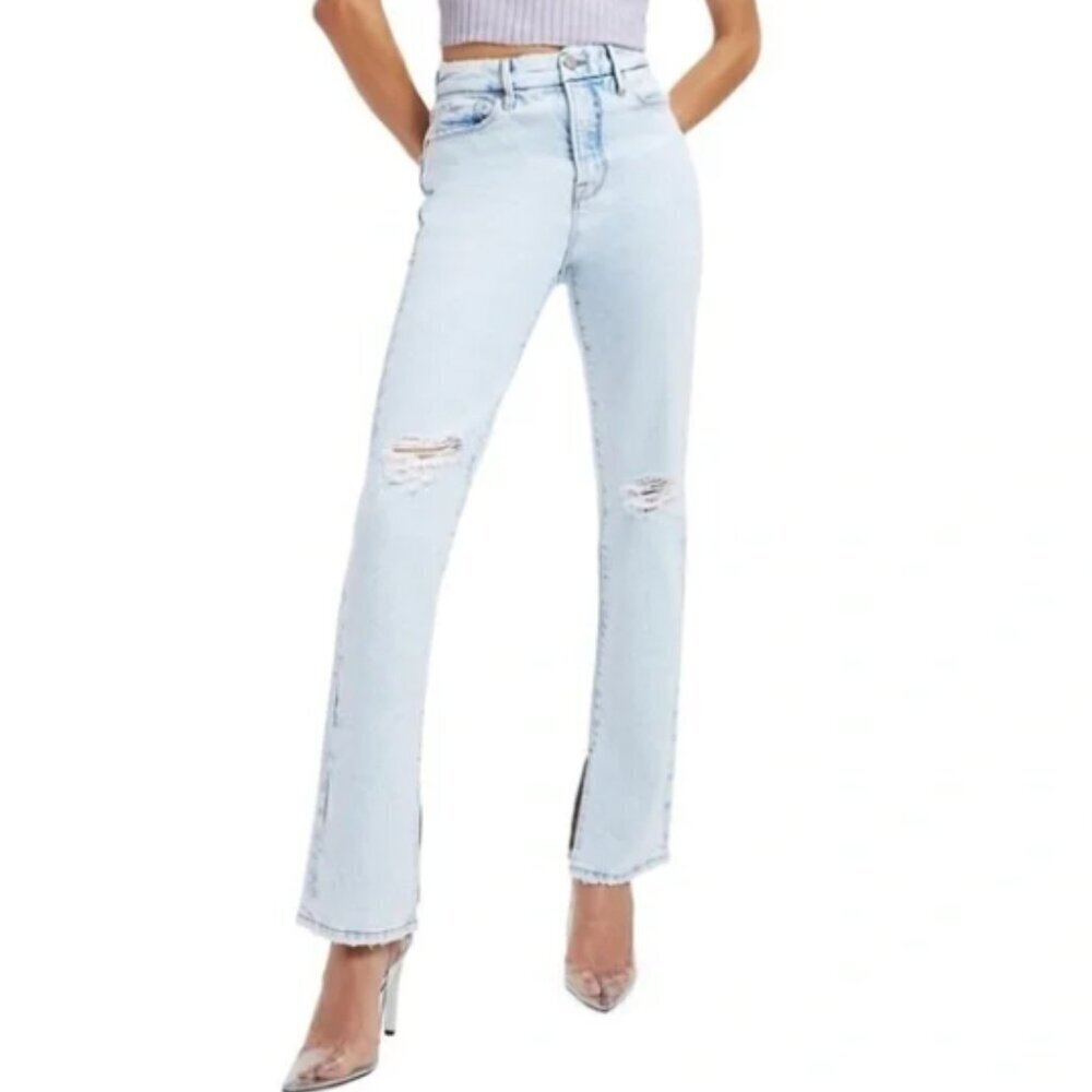 Good American Good Boy Distressed Split Hem Jeans. Light Blue Size 25 #1260 NWT